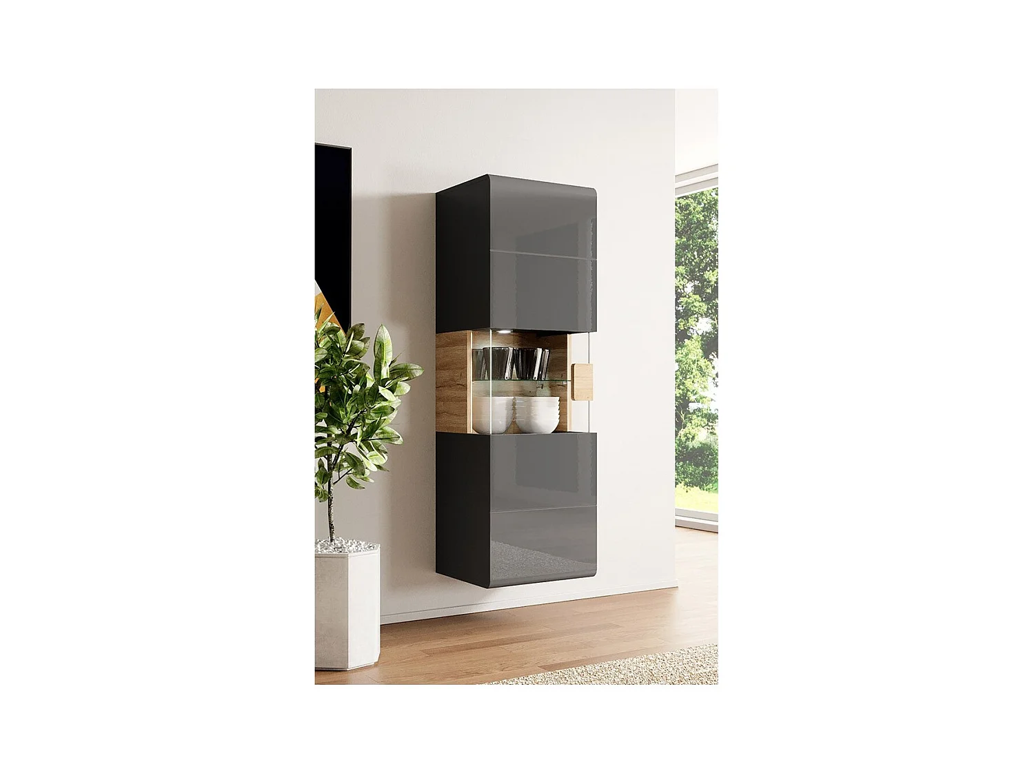 Vitrina colgante + LED colección OHIO color gris antracita y roble.