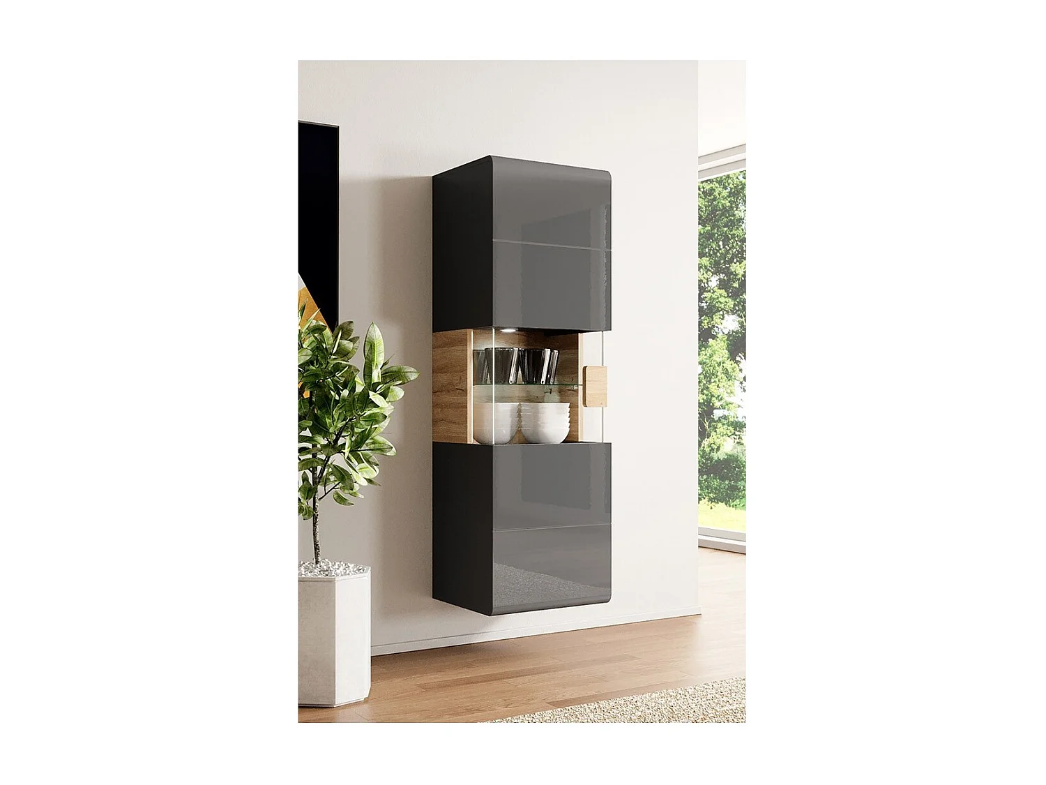 Vitrine suspendue + LED collection OHIO coloris gris anthracite et chêne.