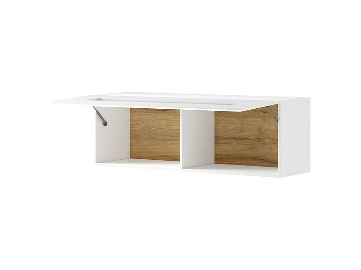 Hangende horizontale vitrinekast collectie OHIO in witte kleur met eiken afwerkingen.