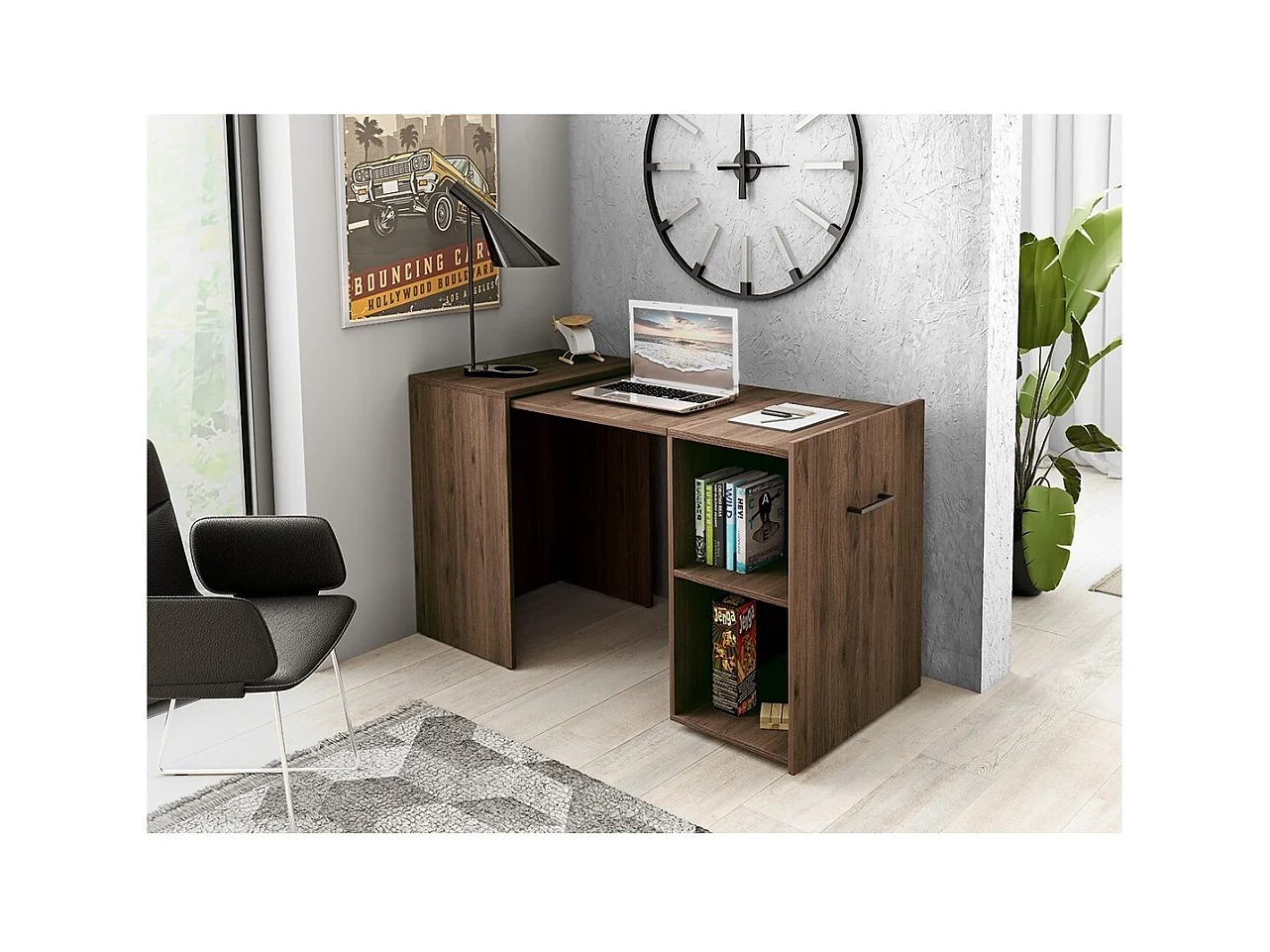 Opklapbaar bureau voor kleine ruimtes, collectie FLIP, in donkereiken kleur.