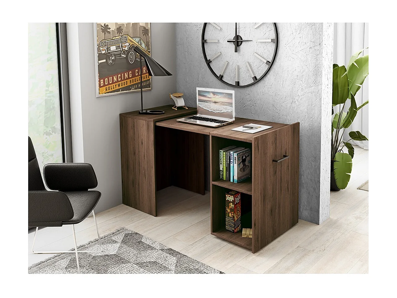 Escritorio plegable especial para espacios pequeños, colección FLIP, color roble oscuro.