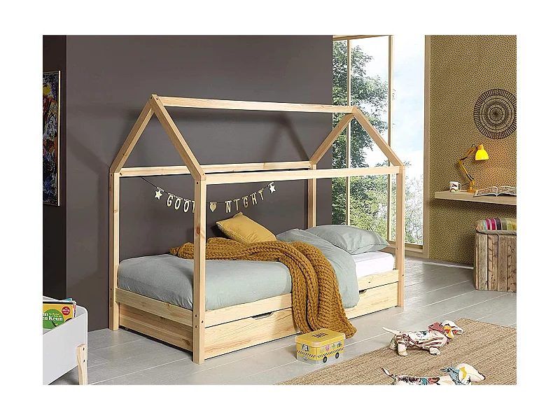 Lit Enfant Cabane & Tiroir "Dallas" 90x200cm Naturel