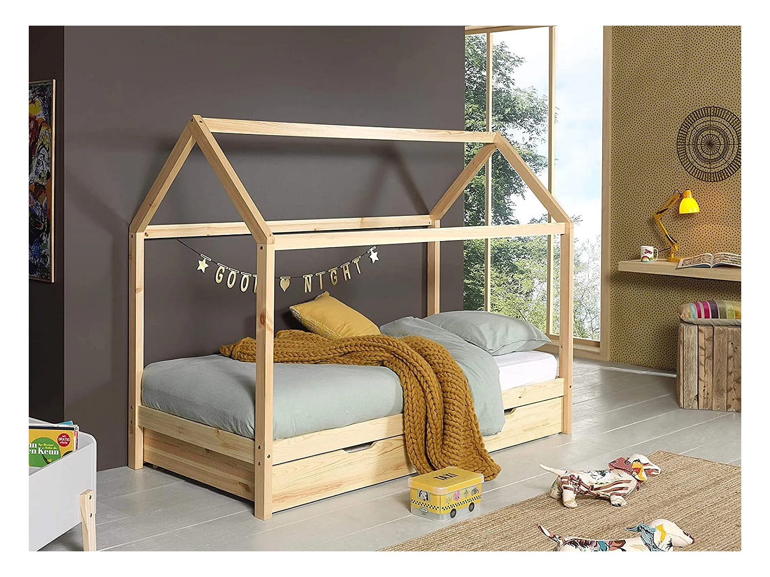 Lit Enfant Cabane & Tiroir "Dallas" 90x200cm Naturel