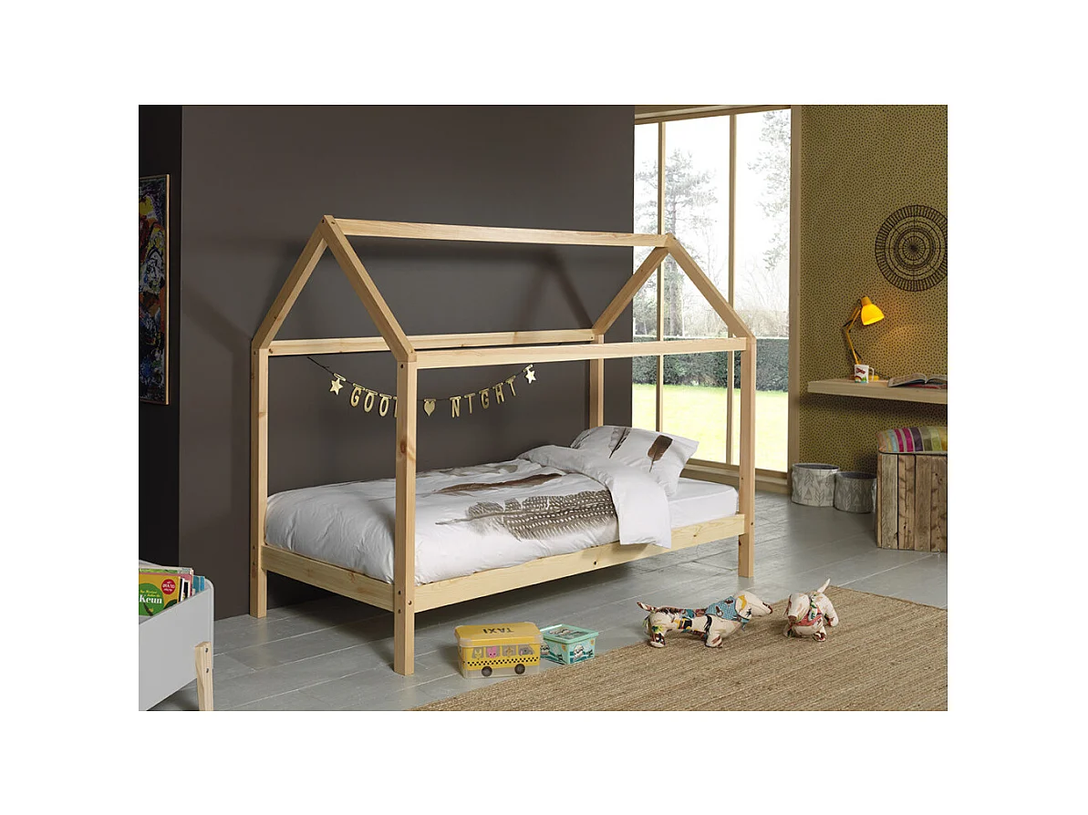 Lit Enfant Cabane & Tiroir "Dallas" 90x200cm Naturel