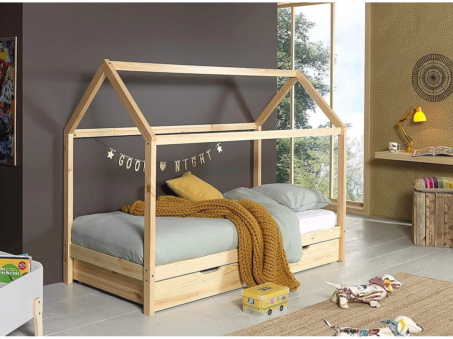 Lit Enfant Cabane & Tiroir "Dallas" 90x200cm Naturel