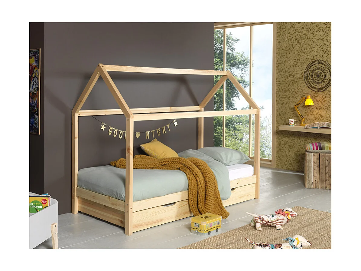 Lit Enfant Cabane & Tiroir "Dallas" 90x200cm Naturel