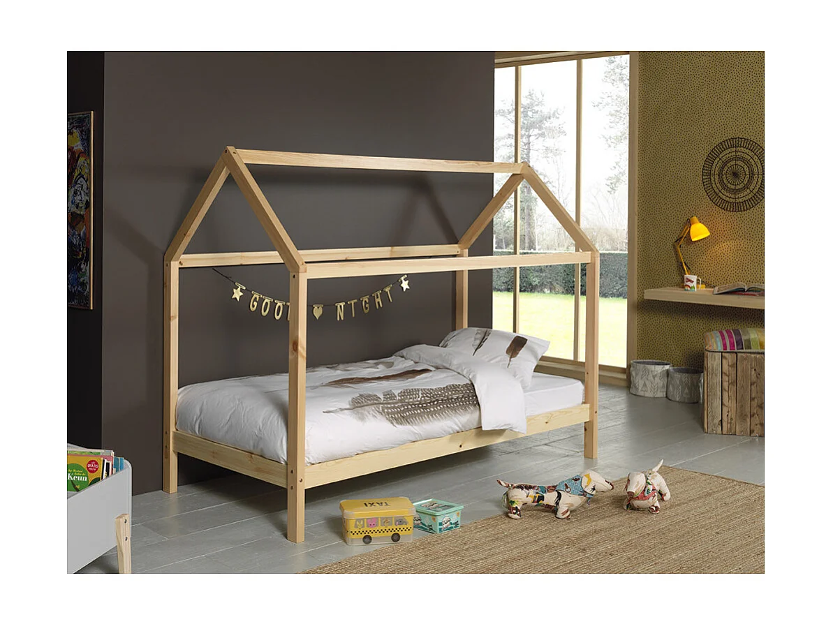 Lit Enfant Cabane & Tiroir "Dallas" 90x200cm Naturel
