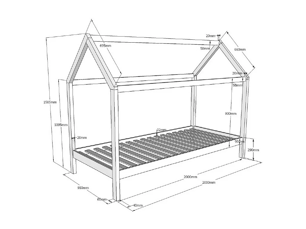 Lit Enfant Cabane & Tiroir "Dallas" 90x200cm Naturel
