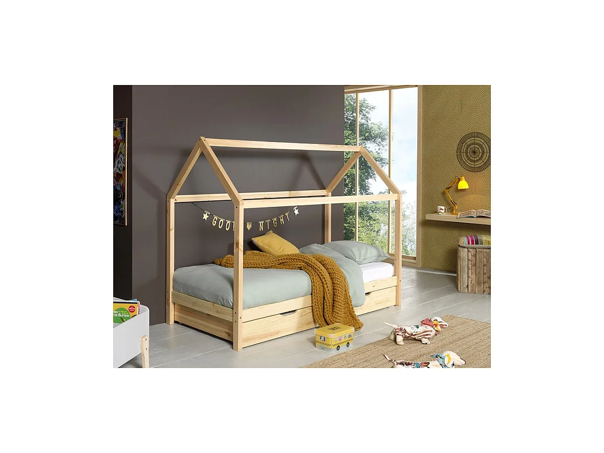 Lit Enfant Cabane & Tiroir "Dallas" 90x200cm Naturel