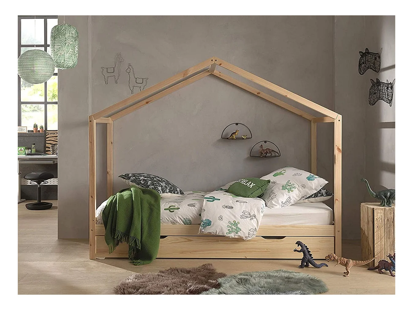 Lit Enfant Cabane & Tiroir "Dallas II" 90x200cm Naturel