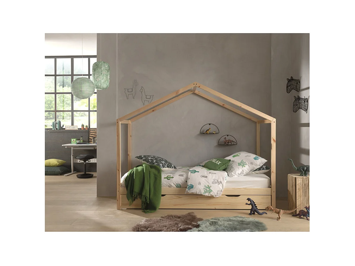 Lit Enfant Cabane & Tiroir "Dallas II" 90x200cm Naturel