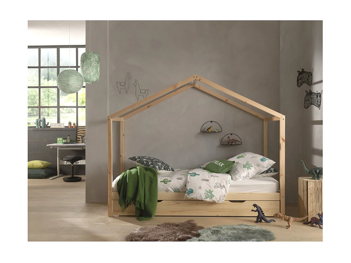 Lit Enfant Cabane & Tiroir "Dallas II" 90x200cm Naturel