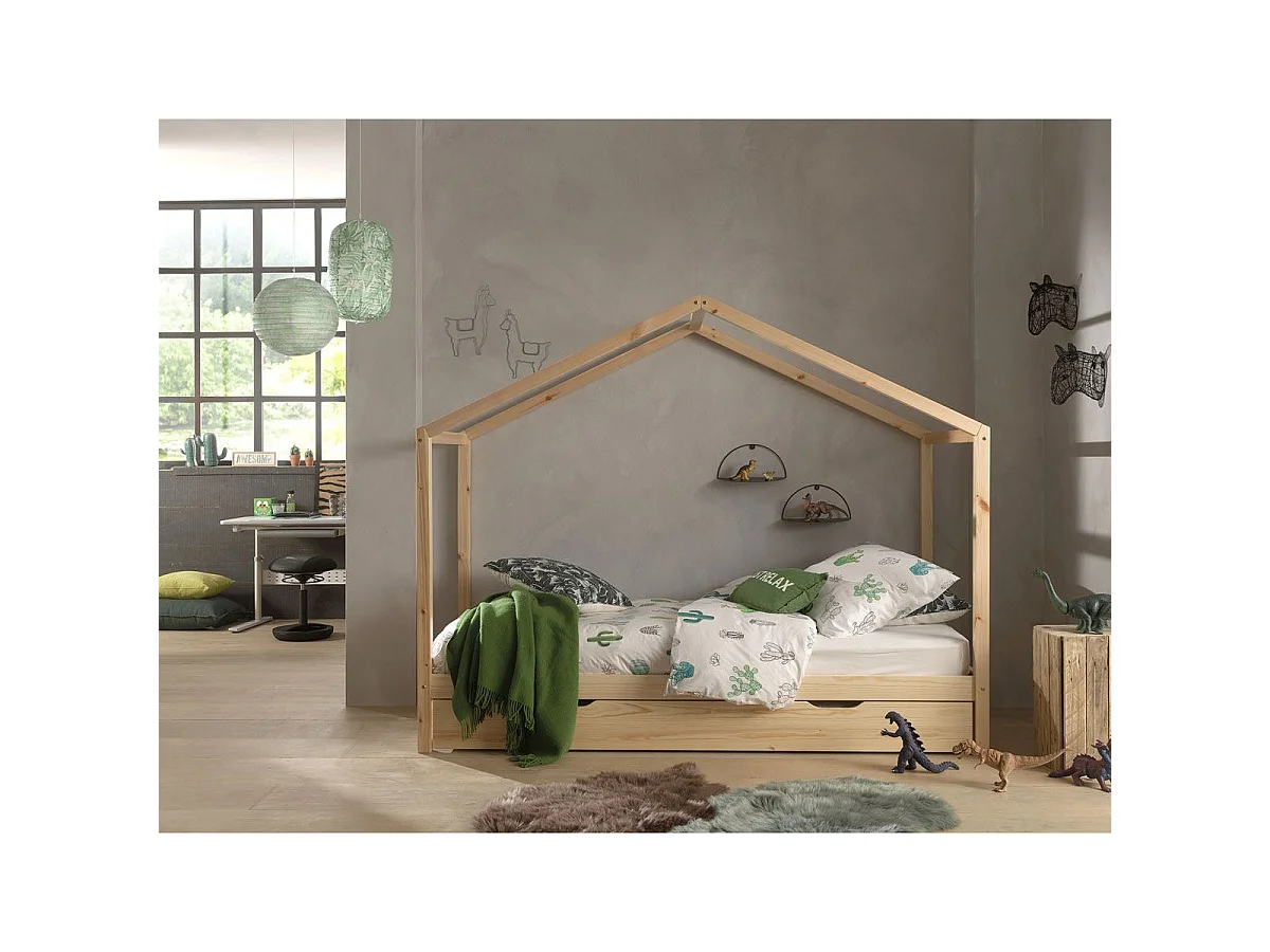 Lit Enfant Cabane & Tiroir "Dallas II" 90x200cm Naturel