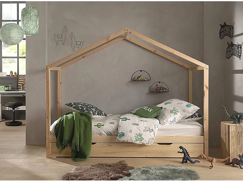 Lit Enfant Cabane & Tiroir "Dallas II" 90x200cm Naturel