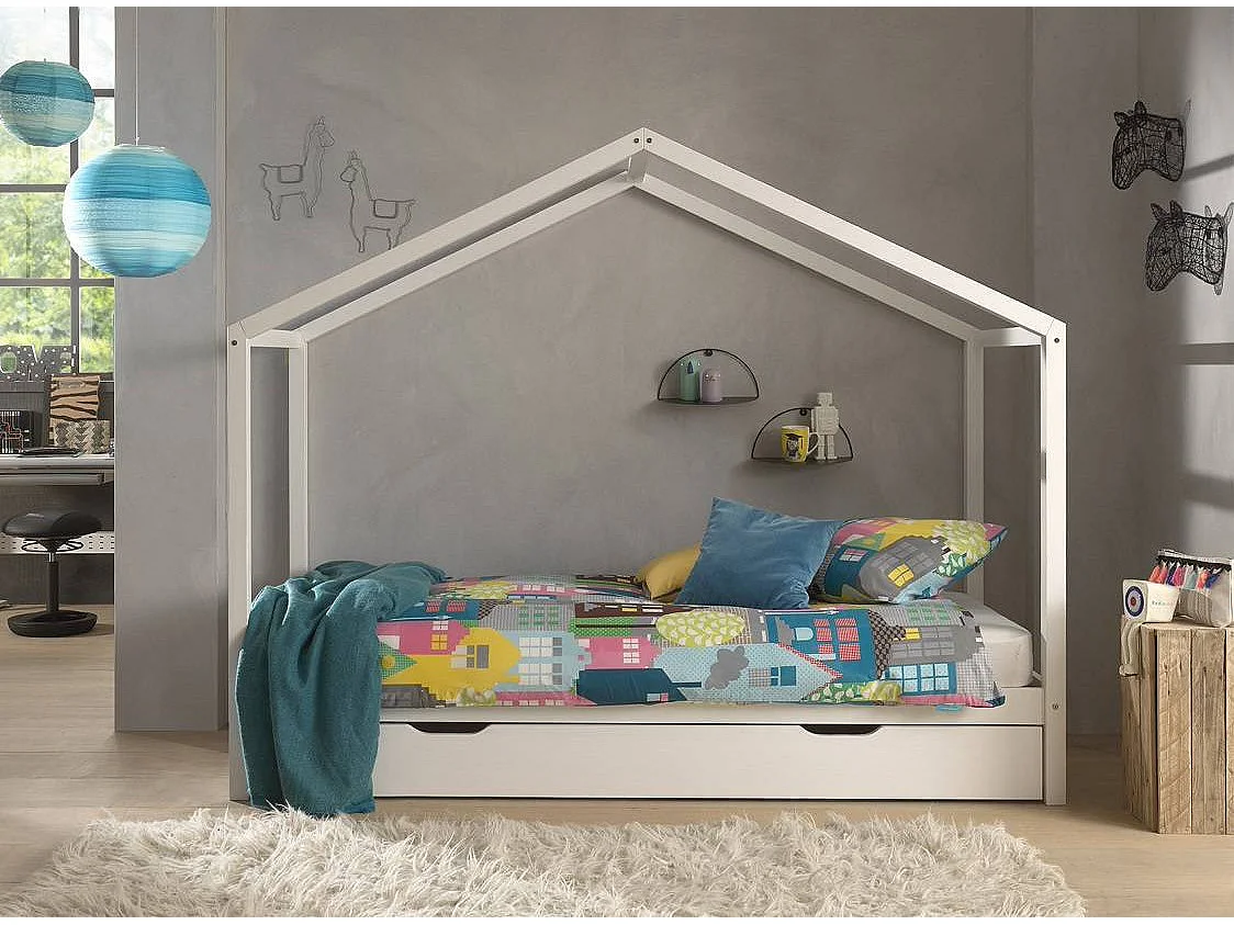 Lit cabane gigogne 90x200 pin massif blanc Kobi