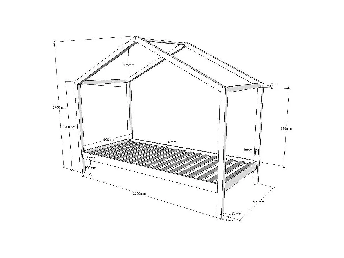 Lit cabane gigogne 90x200 pin massif blanc Kobi
