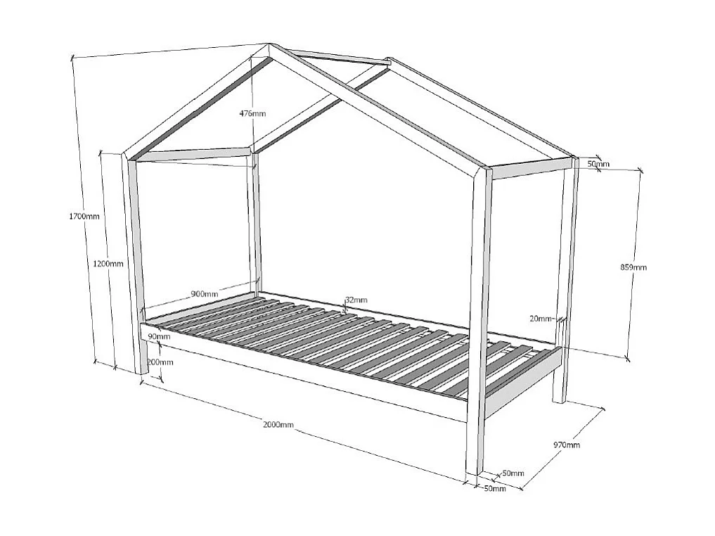 Lit cabane gigogne 90x200 pin massif blanc Kobi