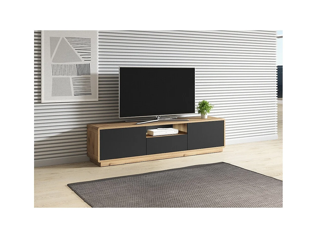 TV-Möbel 180 cm Kollektion VILLA. Farbe Eiche und matt Schwarz. Integrierte LED.