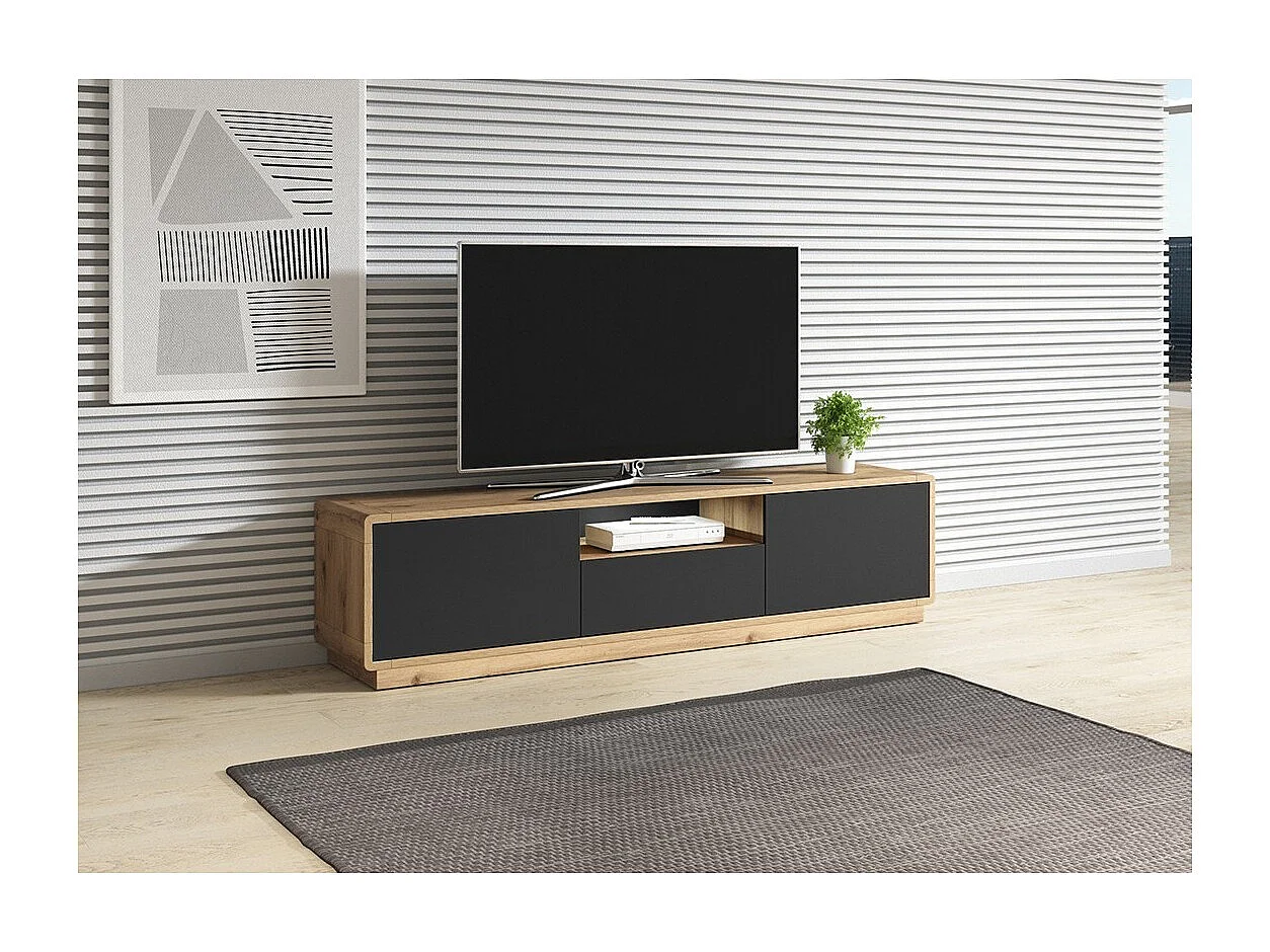Mueble para TV 180cm colección VILLA. Color roble y negro mate. LED integrado.