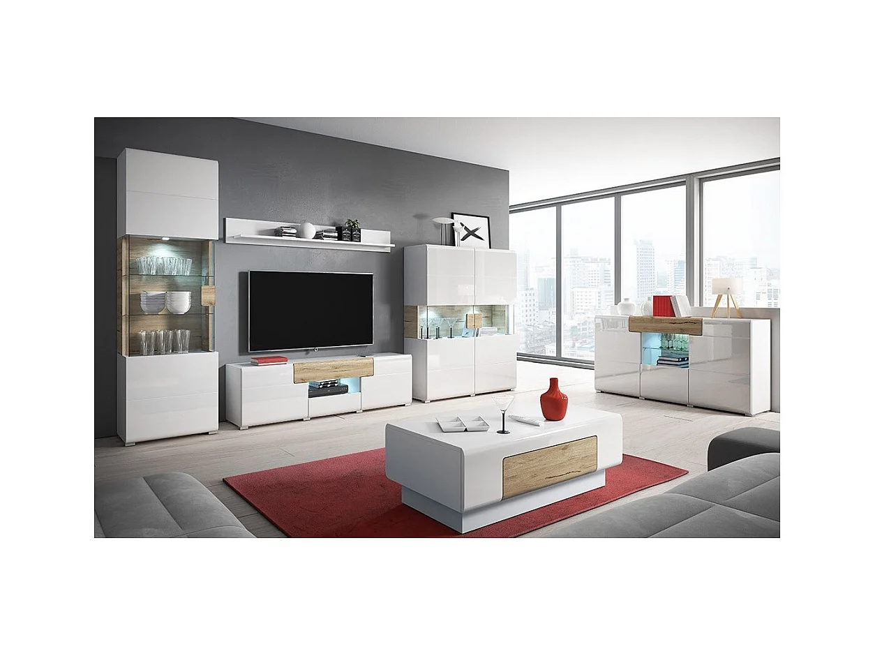 Mueble para TV de 160cm colección OHIO. Iluminación LED integrada. Colores blanco y roble.