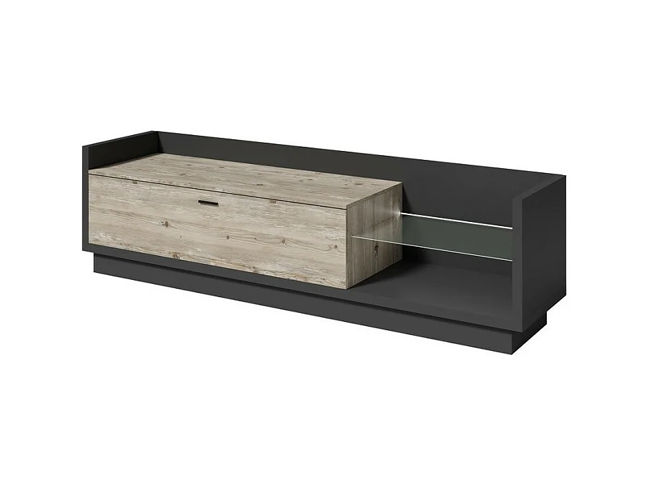 TV-Möbel CORK in Anthrazitgrau und Kieferoptik - 1 großes Fach, Glasböden mit LED