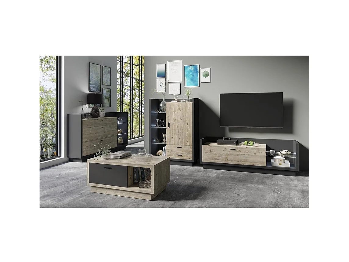 TV-Möbel CORK in Anthrazitgrau und Kieferoptik - 1 großes Fach, Glasböden mit LED