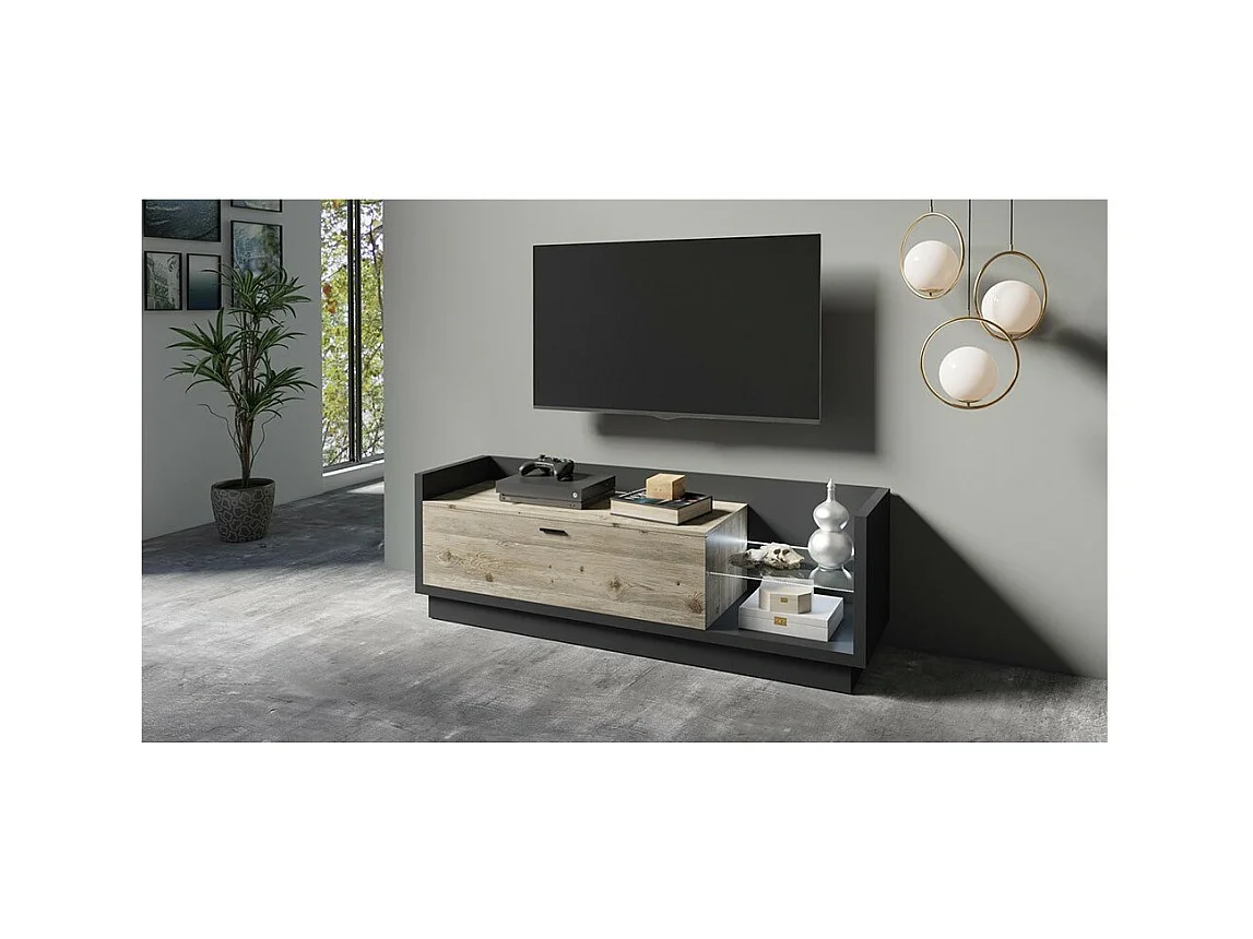 Móvel para TV XL 220cm com LED integrado. Coleção CORK. Cores cinza antracite e pinho.