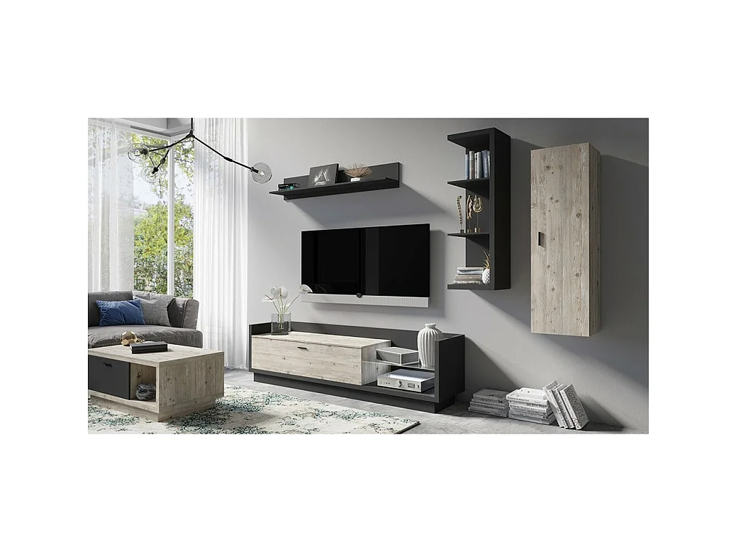 Móvel para TV XL 220cm com LED integrado. Coleção CORK. Cores cinza antracite e pinho.