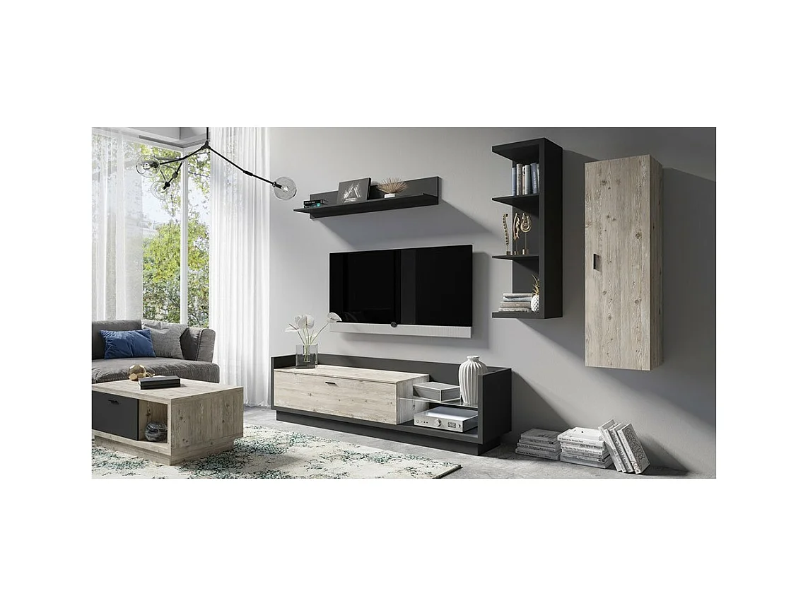 Móvel para TV XL 220cm com LED integrado. Coleção CORK. Cores cinza antracite e pinho.