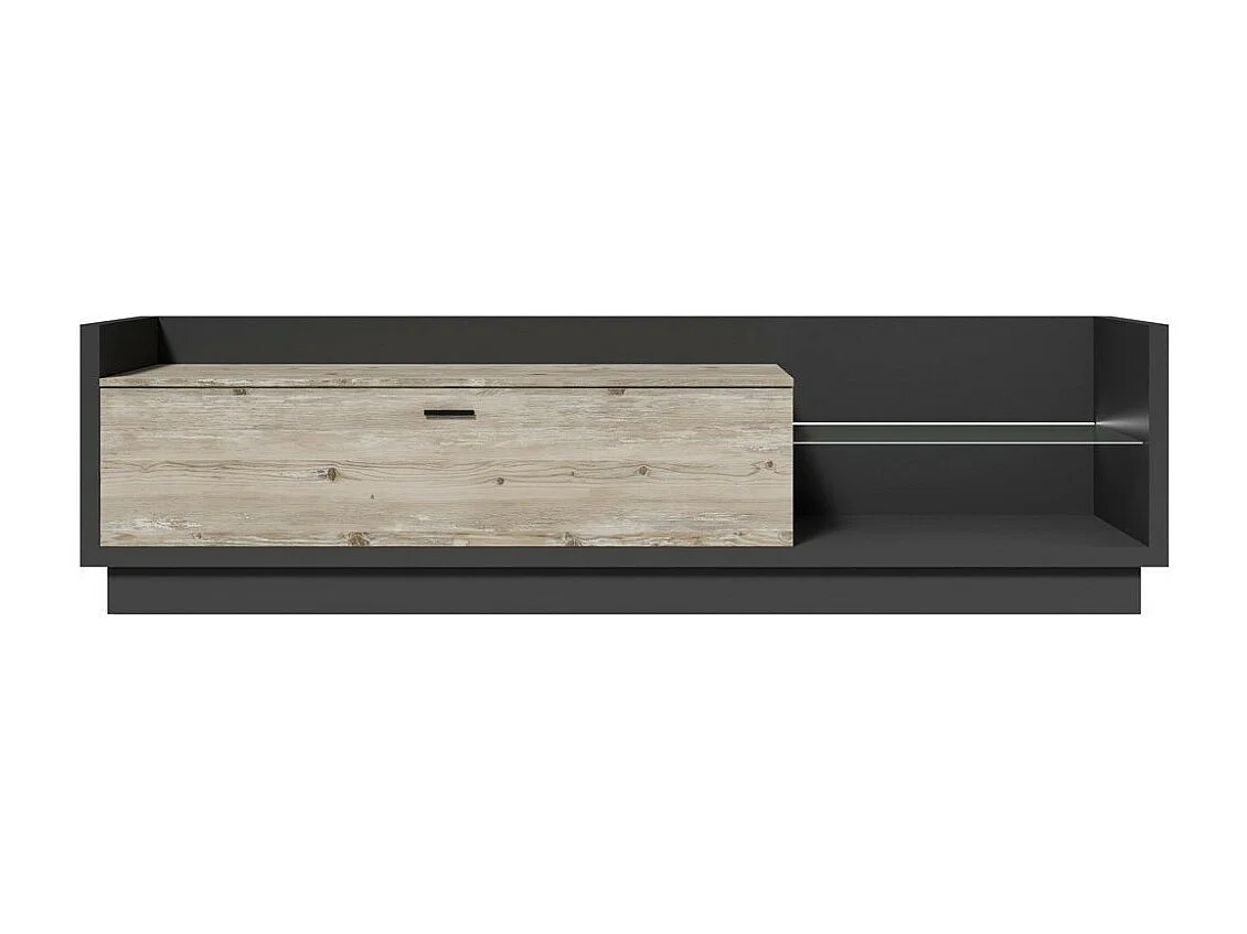TV-meubel CORK in antracietgrijs en met een grenenhout look - 1 grote lade, glazen planken met LED