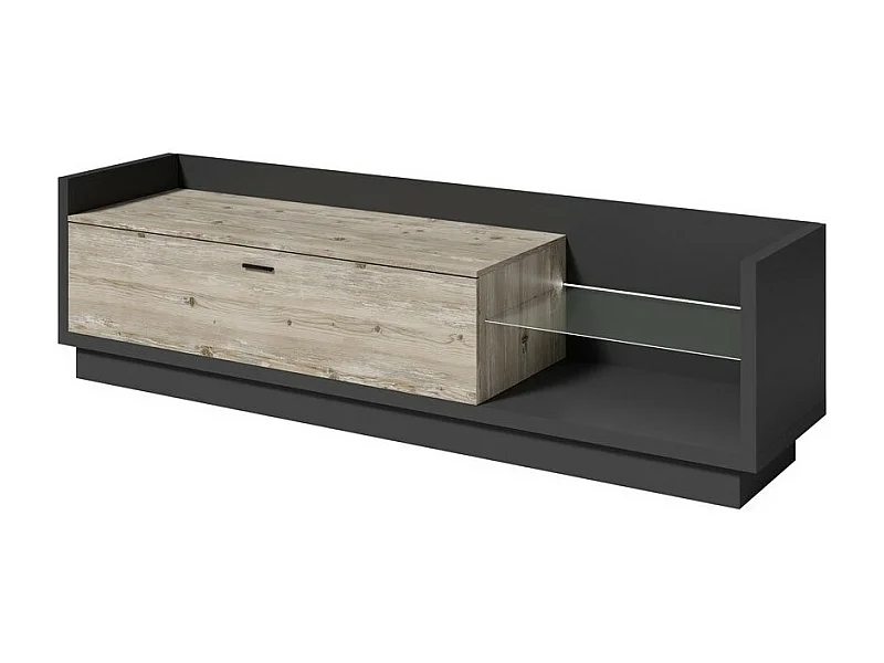 Meuble TV CORK coloris gris anthracite et aspect pin - 1 grand tiroir, étagères en verre avec LED