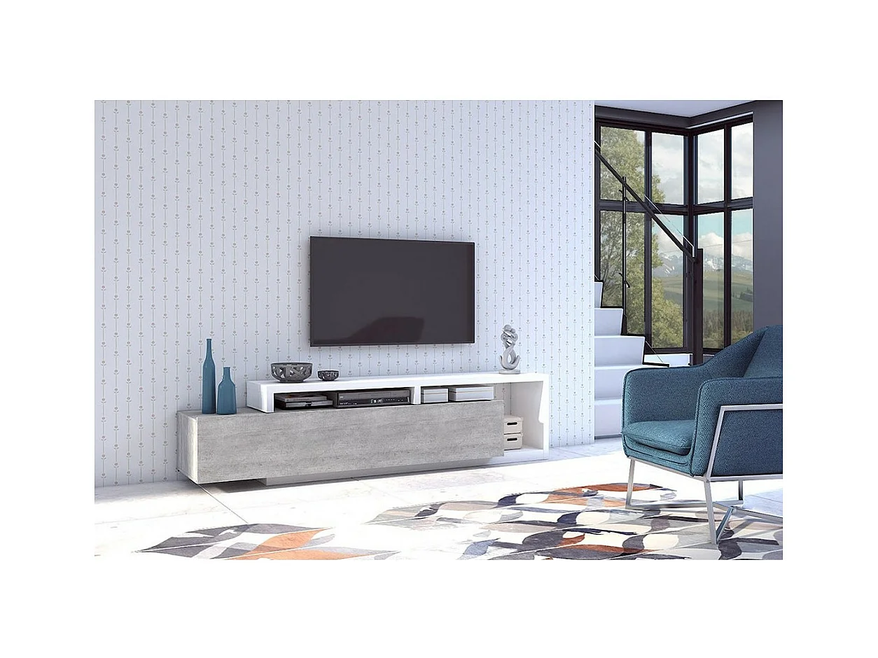 Móvel para TV 220cm coleção BÉRGAMO. Cores branco e cinza concreto.