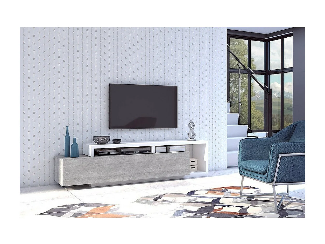 Meuble TV 220cm collection BERGAME. Coloris blanc et gris béton.