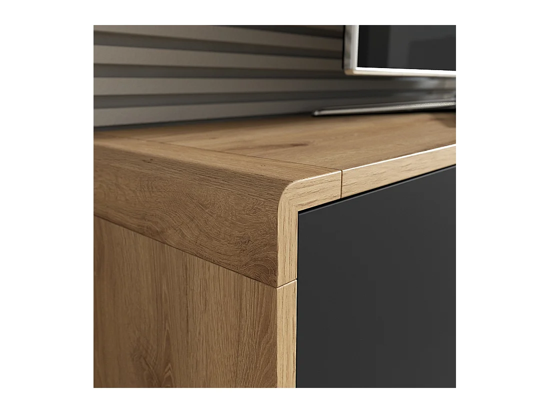 TV-Möbel 200cm Kollektion VILLA. Farbe Eiche und Mattschwarz. Integrierte LED.