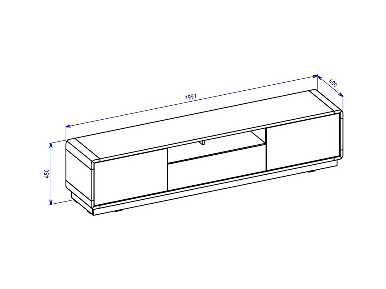 TV-Möbel 200cm Kollektion VILLA. Farbe Eiche und Mattschwarz. Integrierte LED.