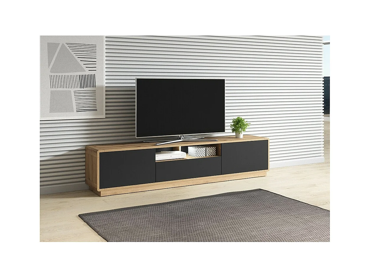TV-Möbel 200cm Kollektion VILLA. Farbe Eiche und Mattschwarz. Integrierte LED.