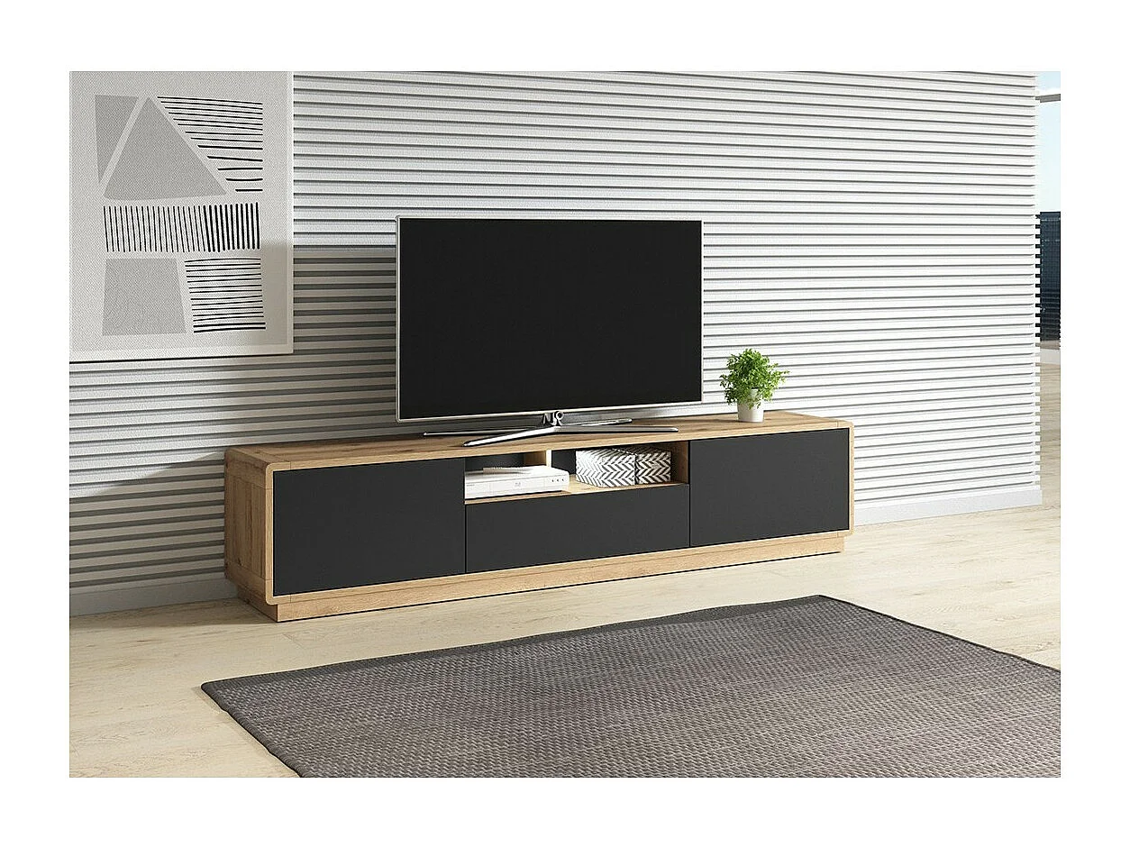 Meuble TV 200cm collection VILLA. Couleur chêne et noir mat. LED intégrée