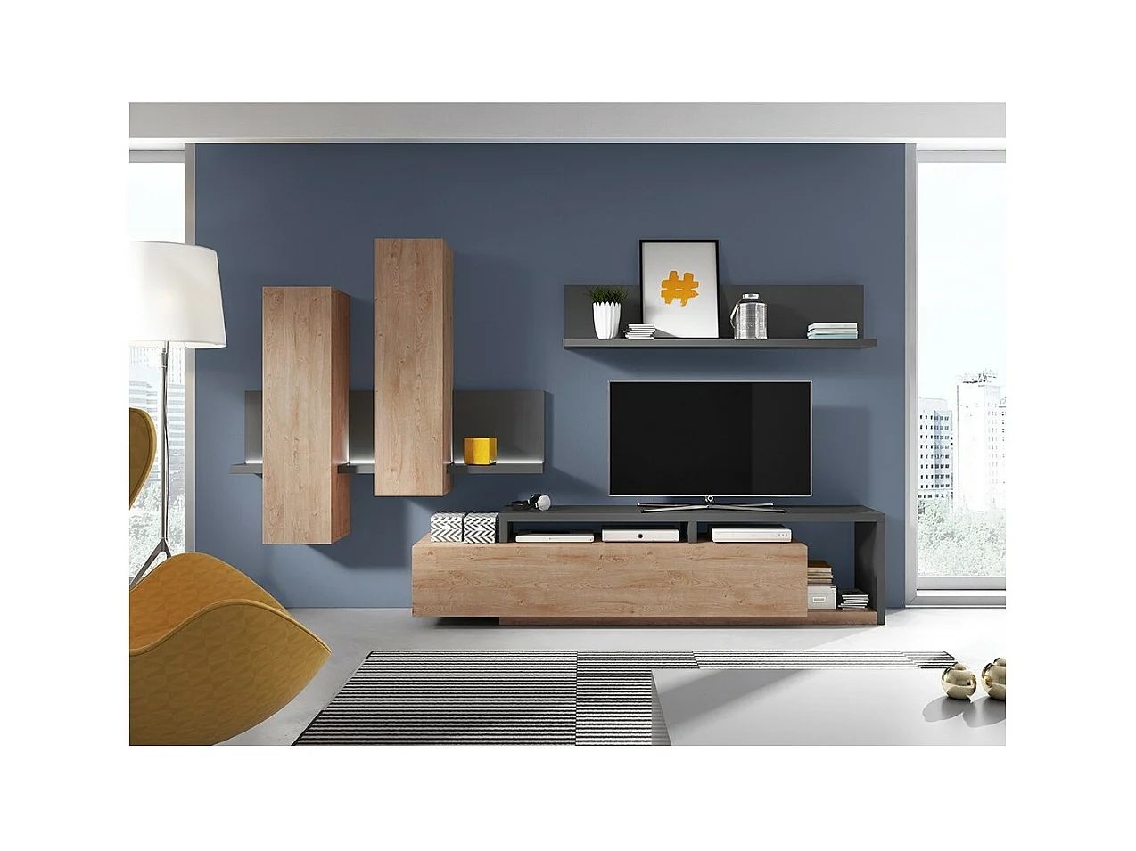 Mueble de TV 220cm colección BERGAMO. Color roble y gris antracita.