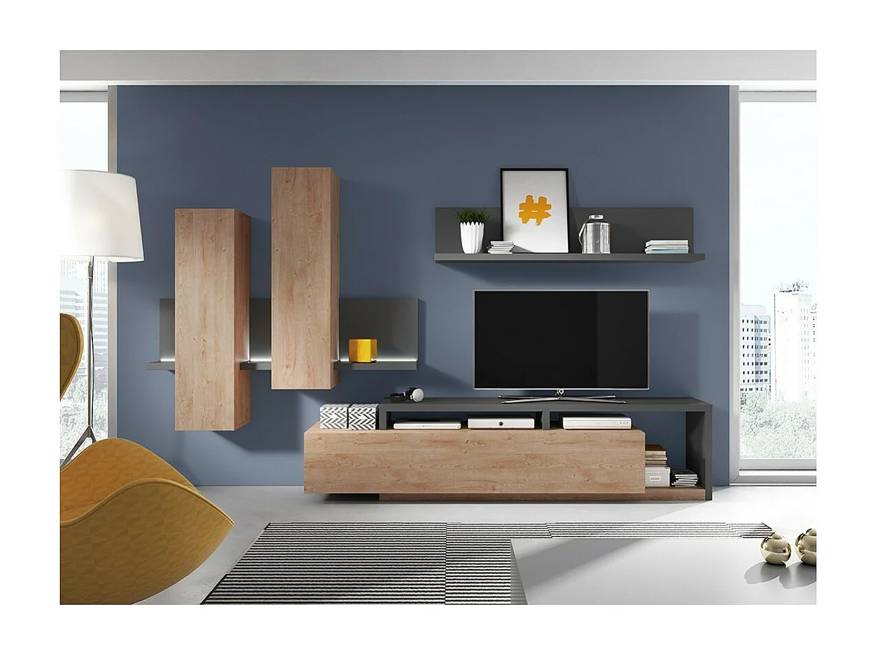 Meuble TV 220cm collection BERGAME. Coloris chêne et gris anthracite.