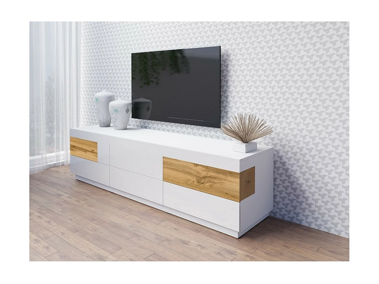 Meuble TV XL 200cm collection KILES. Coloris blanc et chêne. Style design.