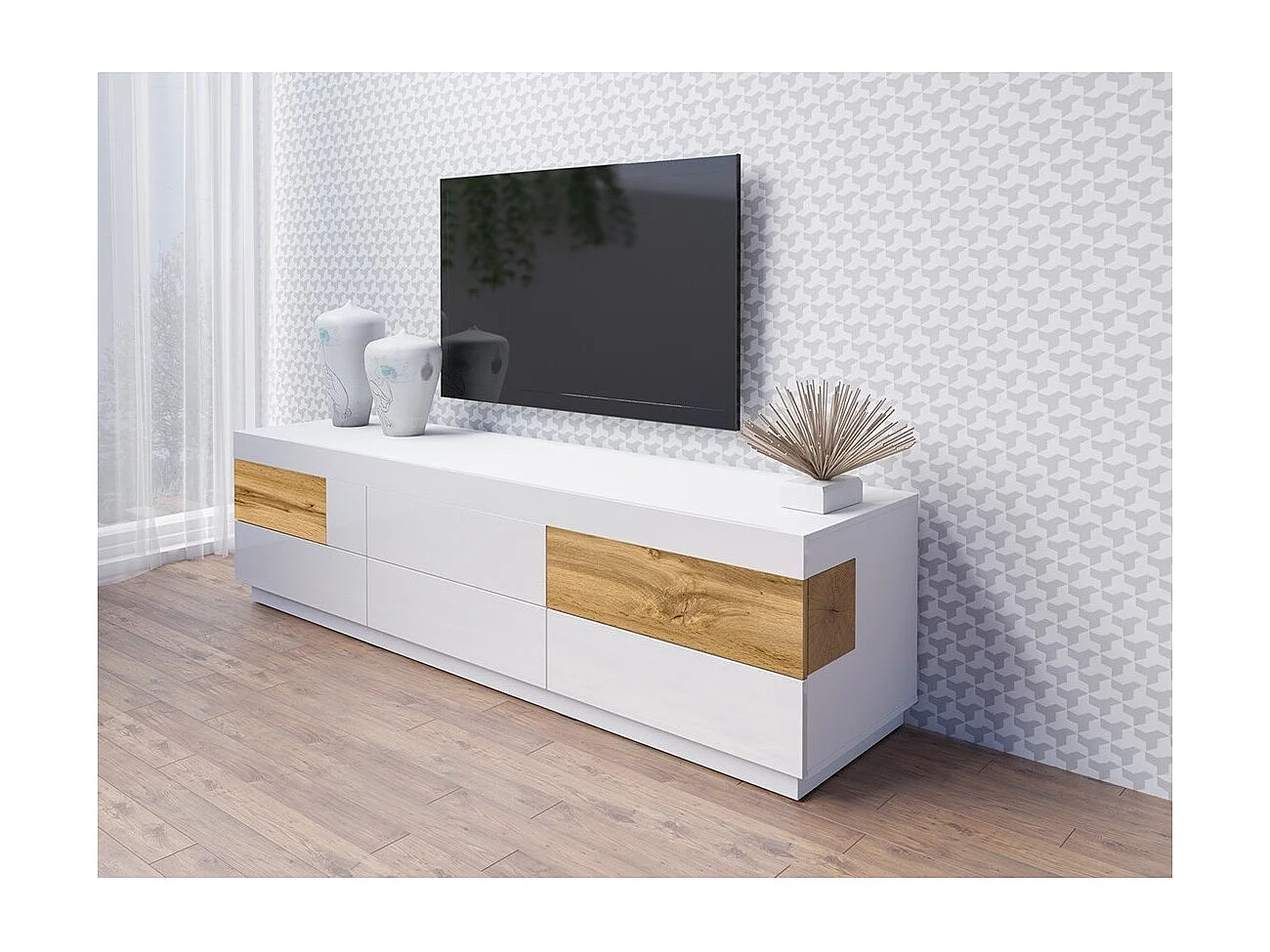 Mueble para TV XL 200cm colección KILES. Color blanco y roble. Estilo de diseño.