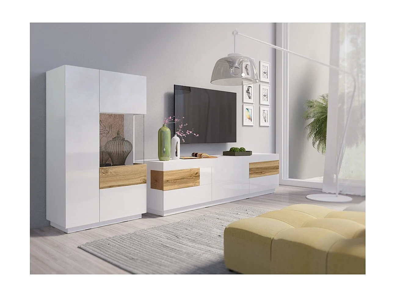 Mueble para TV XL 200cm colección KILES. Color blanco y roble. Estilo de diseño.