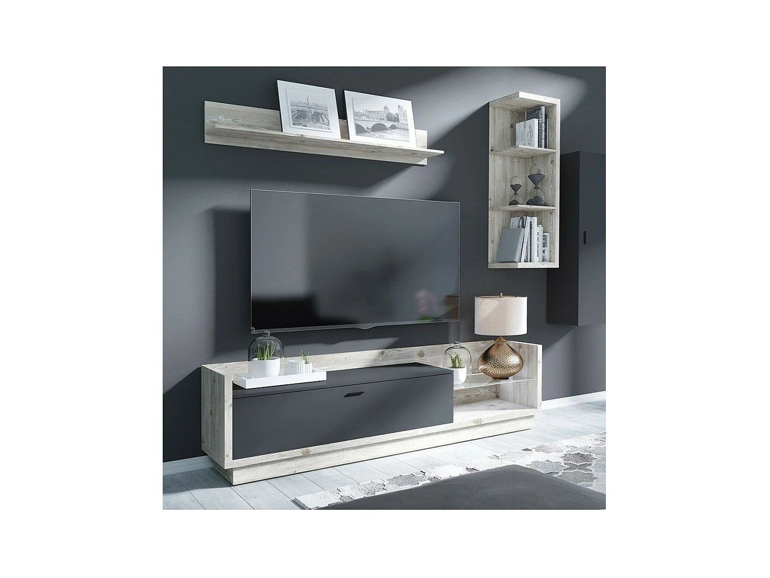 Móvel para TV XL 220cm com LED integrado. Coleção CORK. Cores Pinho e cinza antracite.