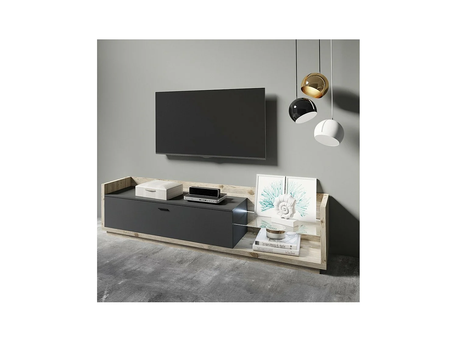 Móvel para TV XL 220cm com LED integrado. Coleção CORK. Cores Pinho e cinza antracite.