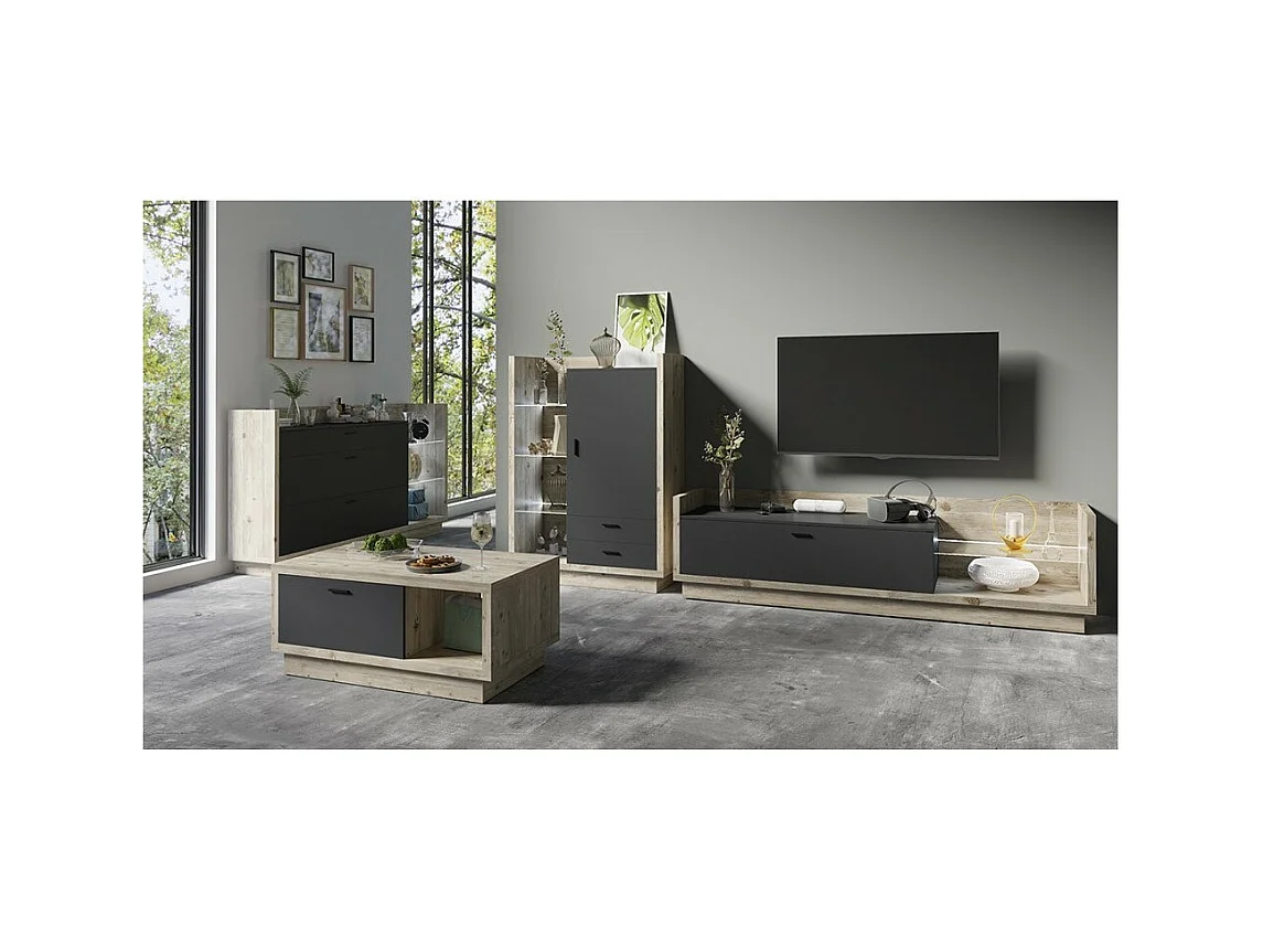 Móvel para TV XL 220cm com LED integrado. Coleção CORK. Cores Pinho e cinza antracite.