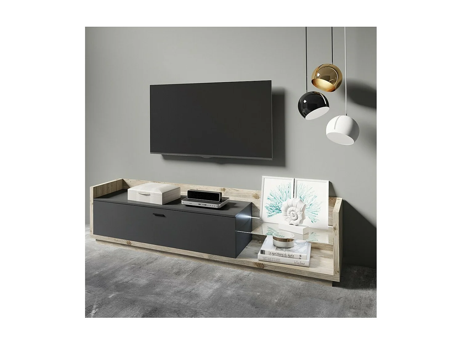 Tv-meubel collectie CORK met LED - Kleur: grenen en antracietgrijs - Afmetingen 220 x 58 x 48 cm