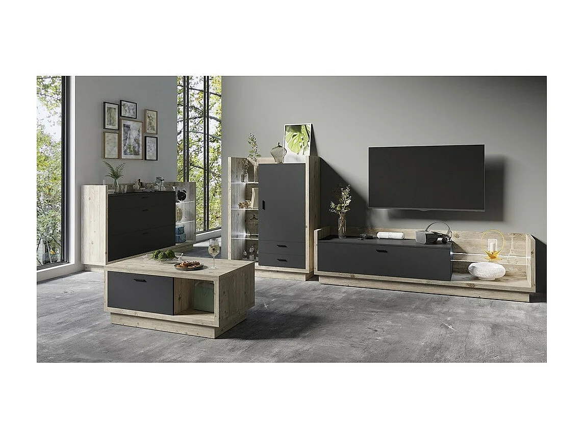 Tv-meubel collectie CORK met LED - Kleur: grenen en antracietgrijs - Afmetingen 220 x 58 x 48 cm