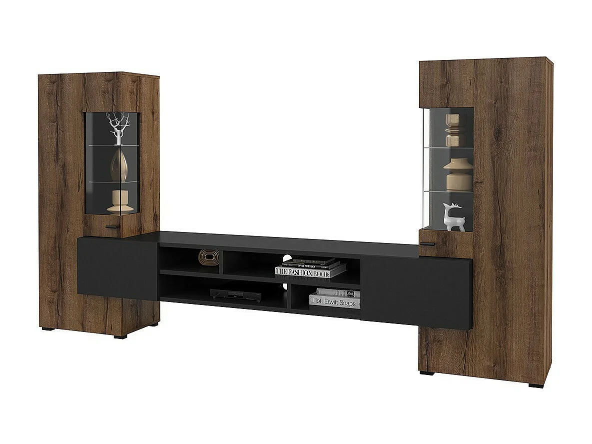 Ensemble de 3 meubles de salon collection KOBEE. Couleur chêne foncé et noir.