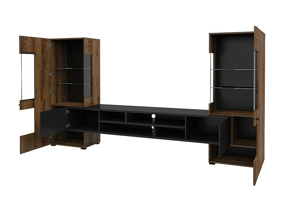 Ensemble de 3 meubles de salon collection KOBEE. Couleur chêne foncé et noir.