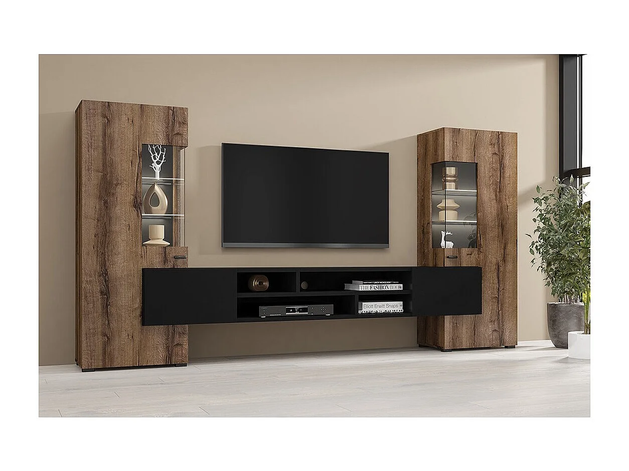 Ensemble de 3 meubles de salon collection KOBEE. Couleur chêne foncé et noir.